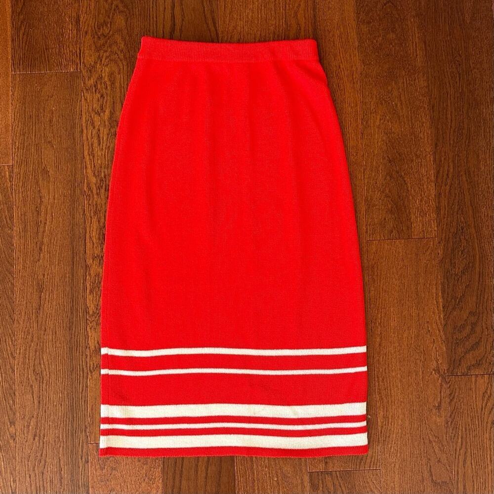 Vintage Red Striped Knit Midi Skirt Made in USA Elastic Waist Skirt
